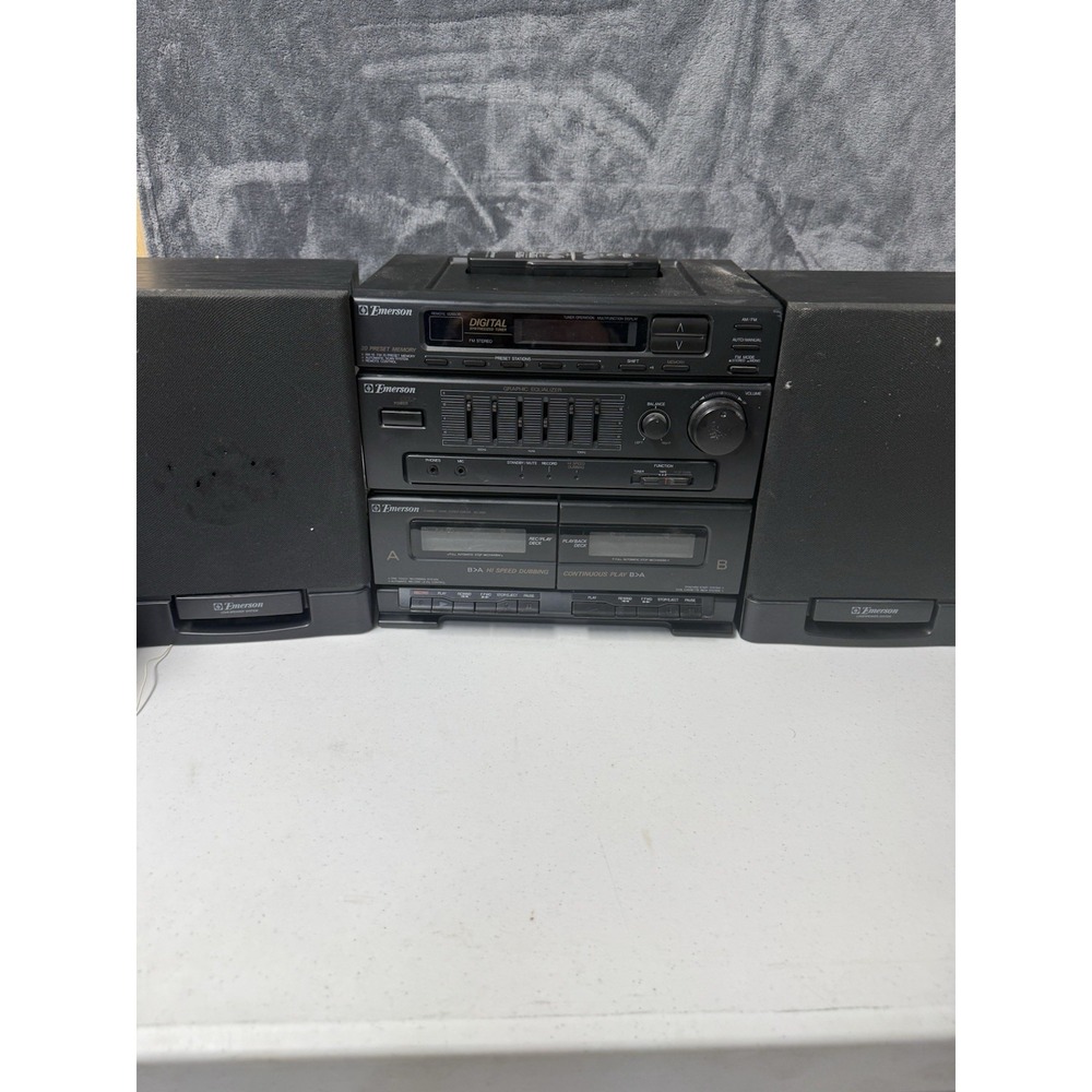 Vintage Emerson AS2665 Cassette Stereo & Speakers Tested Works With Remote Read